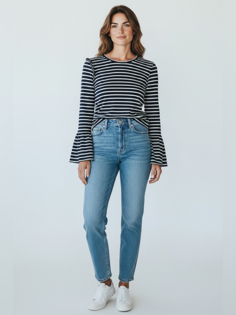 Skies Are Blue Striped Bell Sleeve Knit Top Blue Size Small